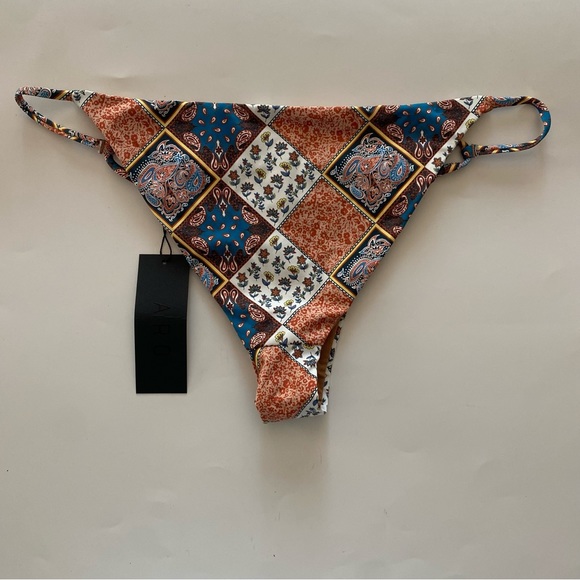 ARO Swim Romeo Blue Patches Print Bikini Bottoms Sz M NWT Cheeky String sides - Picture 3 of 8